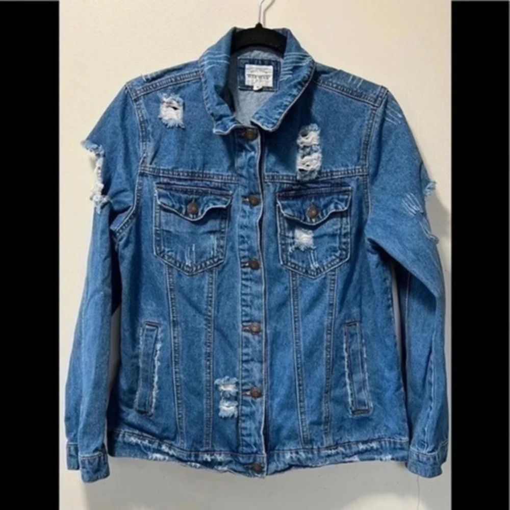 Medium women distressed jean jacket wax jean